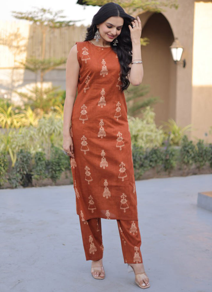 Rust Folk Art Printed Cotton Outwear Kurti And Pant