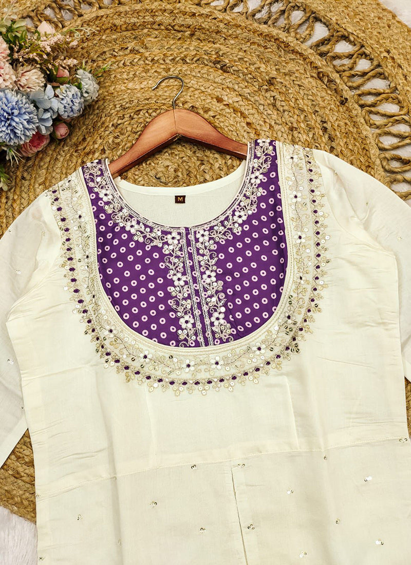 Off White And Purple Embroidered Kurta With Palazzo Pant