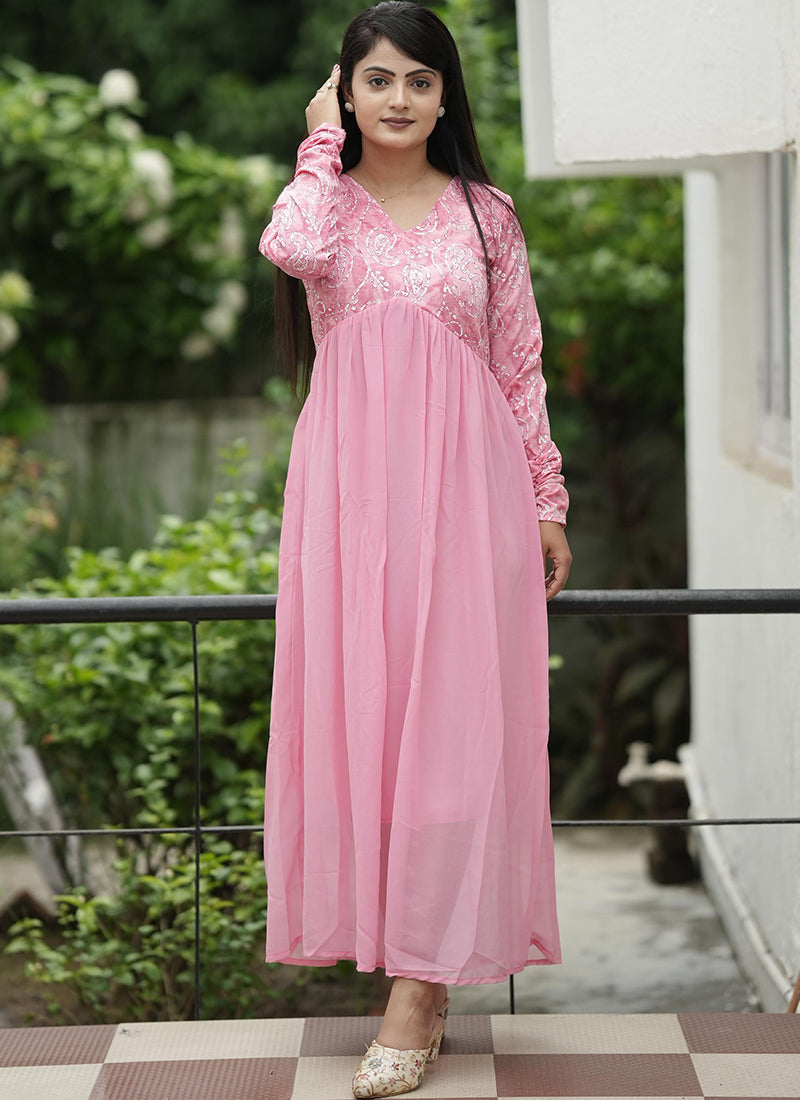 Pink Georgette Dress Floral Party Wear Maxi Dress – Shinisha