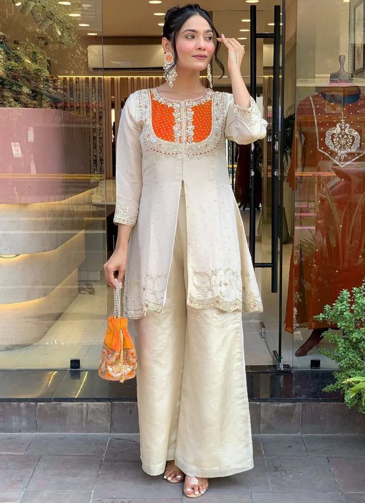 Off White And Orange Embroidered Kurta With Palazzo Pant