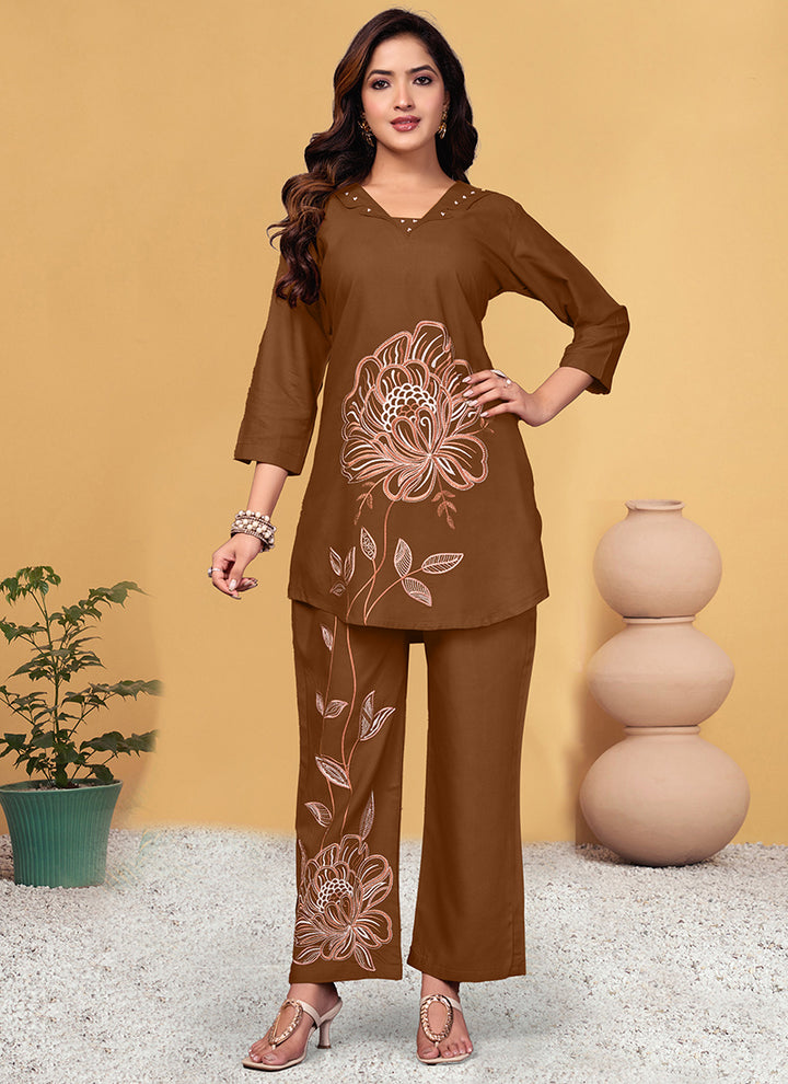 Viscose Rayon Brown V Neck Cord Set For Outwear