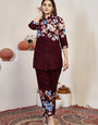Cotton Maroon Flower Printed Cord Set For Outwear