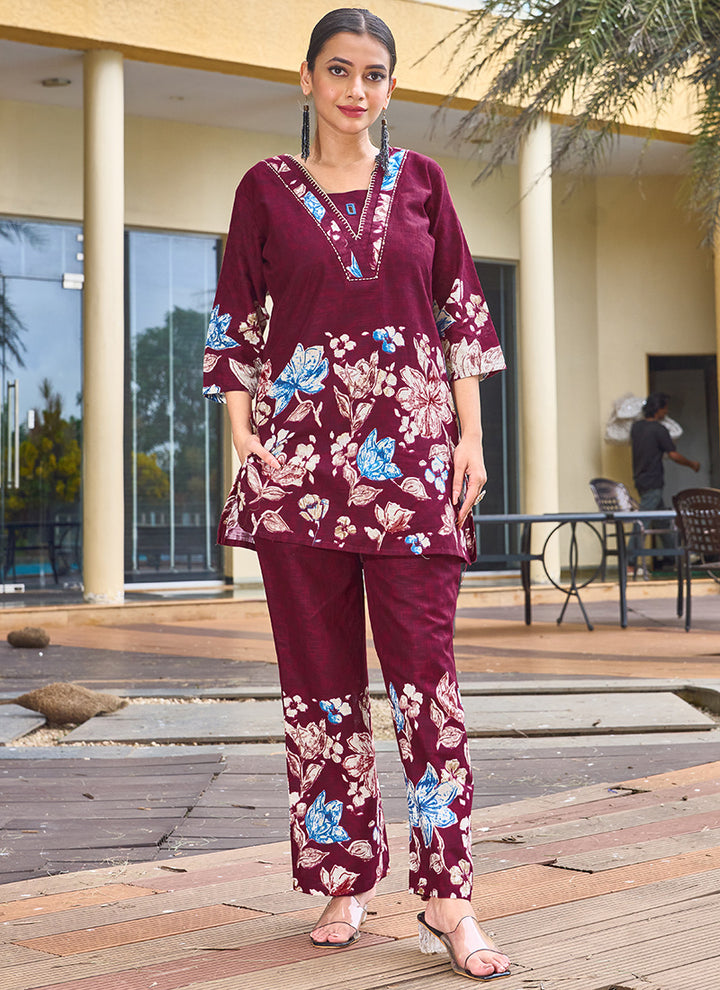 Maroon Cotton Embroidered Festive Wear Cord Set