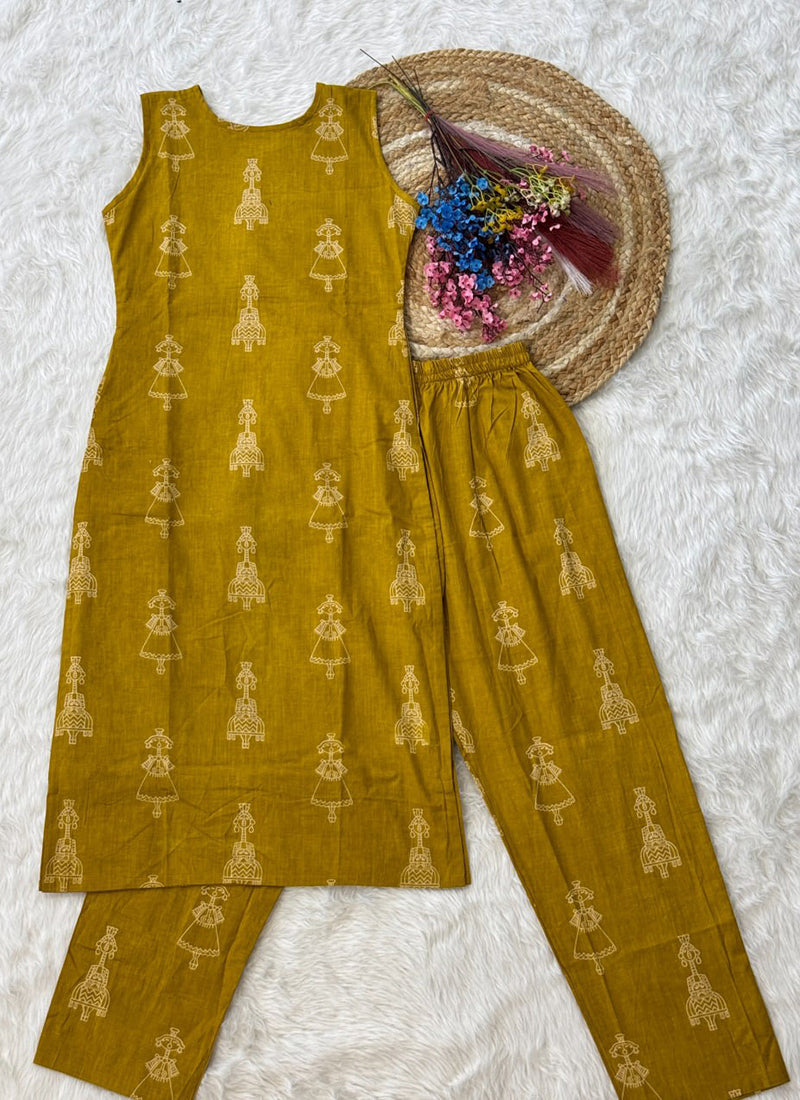 Yellow Cotton Folk Art Printed Outwear Kurti And Pant
