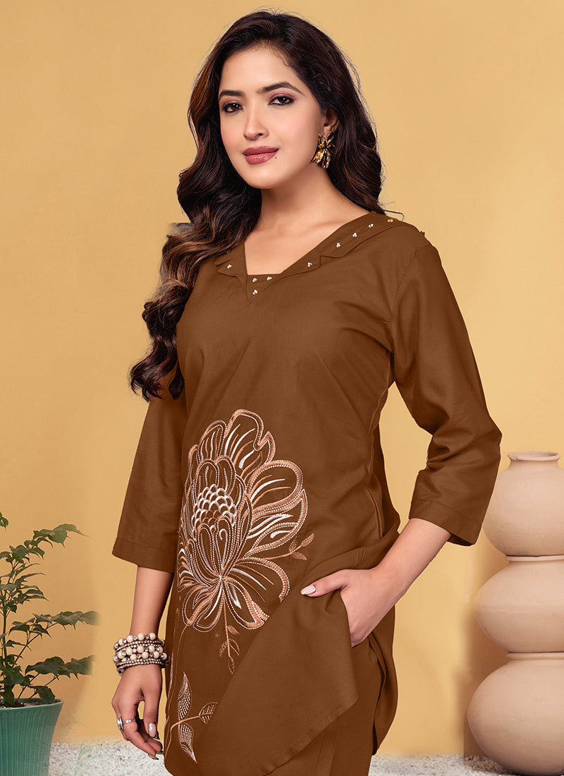 Viscose Rayon Brown V Neck Cord Set For Outwear