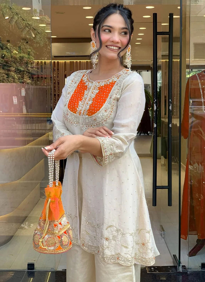 Off White And Orange Embroidered Kurta With Palazzo Pant