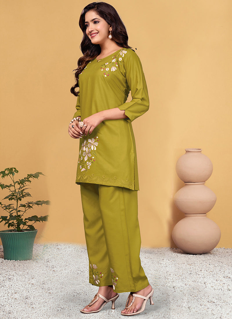 Khakhi Viscose Rayon Embroidered Cord Set