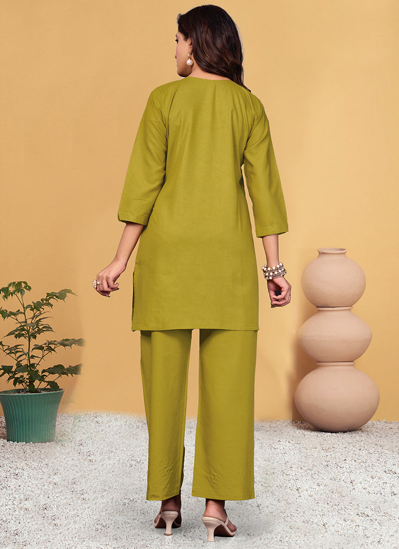 Khakhi Viscose Rayon Embroidered Cord Set