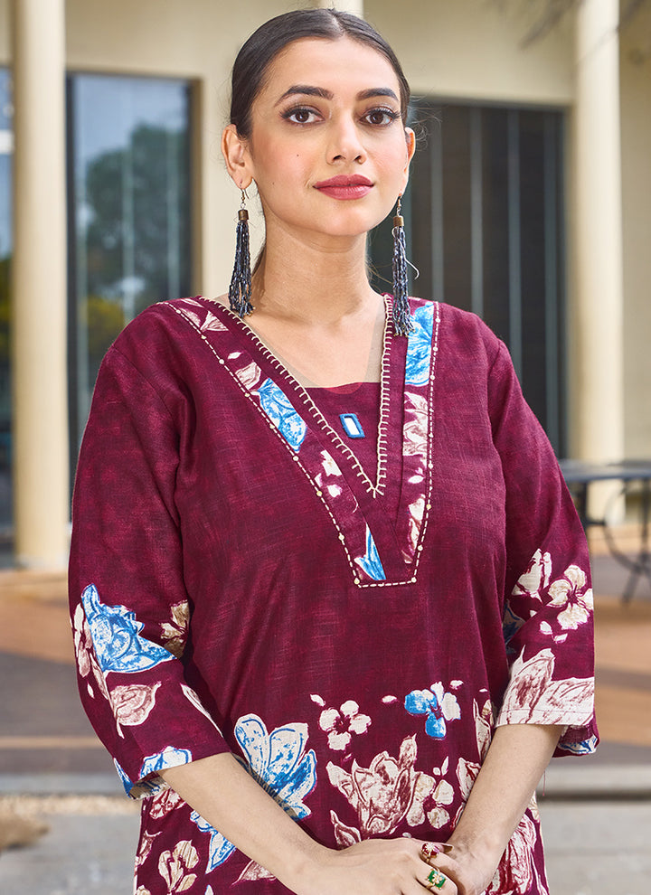 Maroon Cotton Embroidered Festive Wear Cord Set