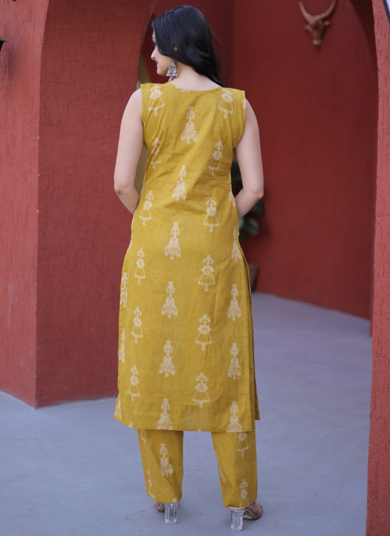 Yellow Cotton Folk Art Printed Outwear Kurti And Pant