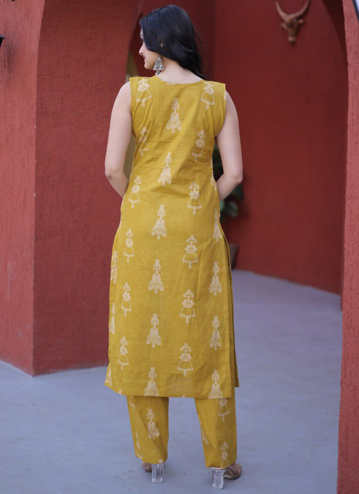 Yellow Cotton Folk Art Printed Outwear Kurti And Pant