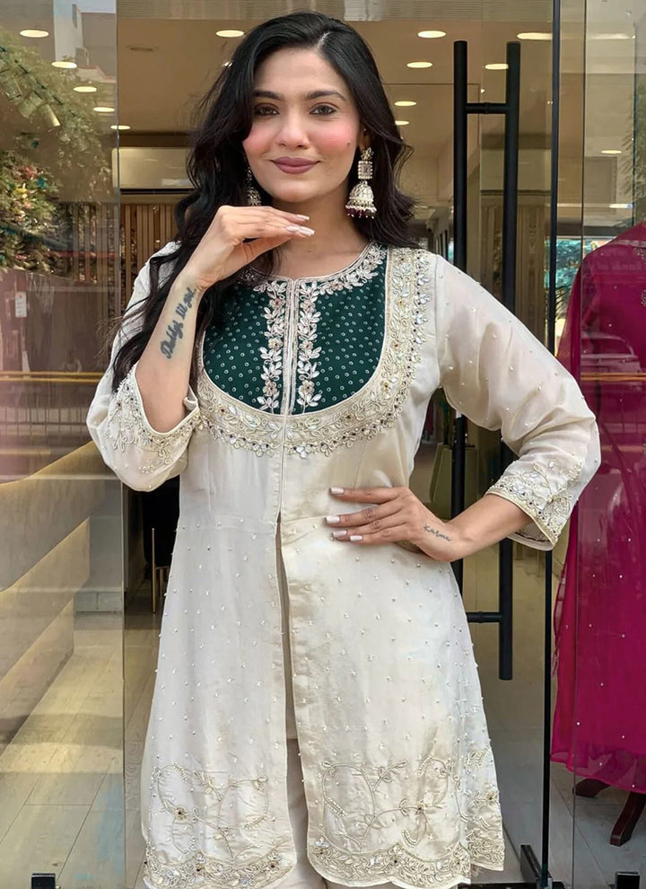 Off White And Green Embroidered Kurta With Palazzo Pant