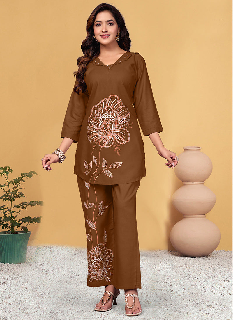 Viscose Rayon Brown V Neck Cord Set For Outwear