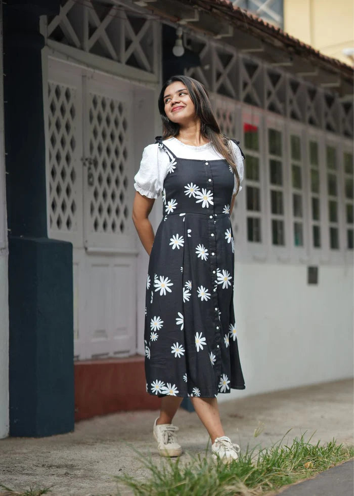 Admirable Daisy Flower Printed Black Rayon Dungaree Dress