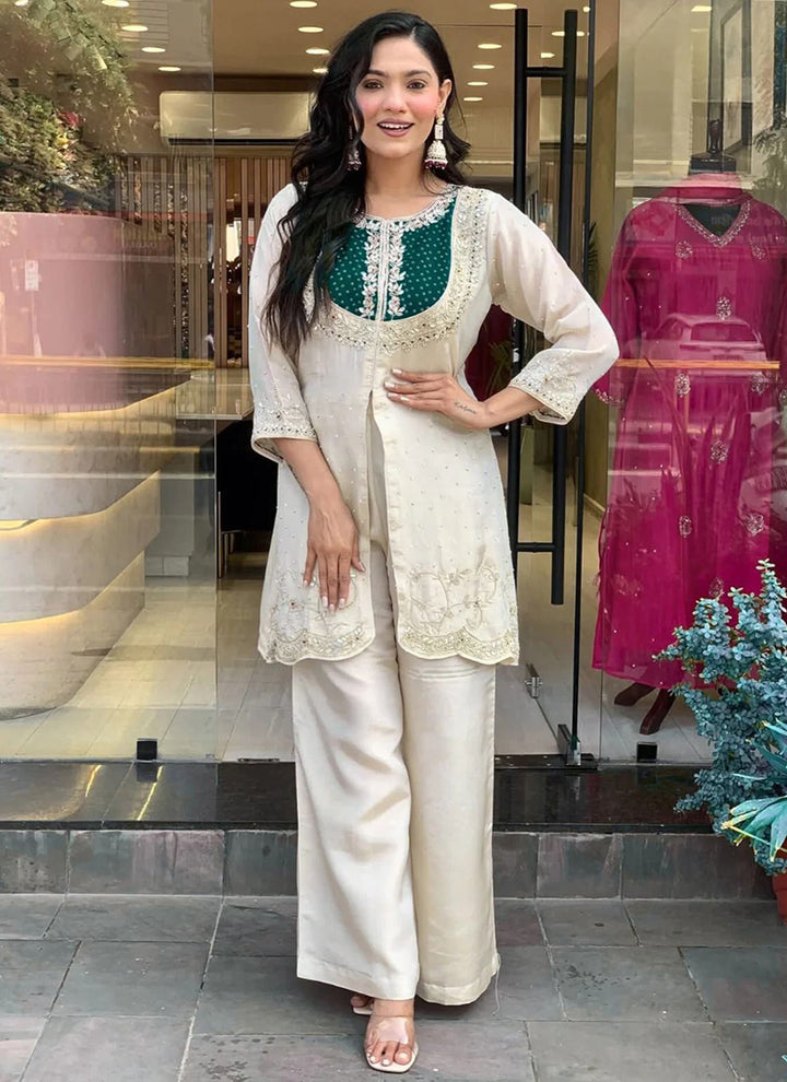 Off White And Green Embroidered Kurta With Palazzo Pant