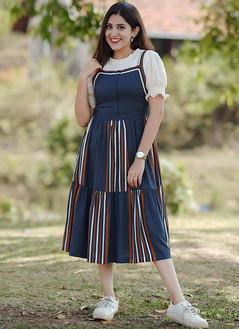 Navy Blue Stripes Printed Rayon Shirring Details Dungaree