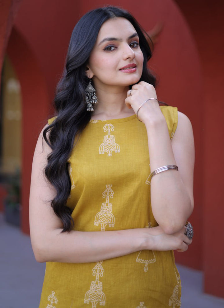 Yellow Cotton Folk Art Printed Outwear Kurti And Pant