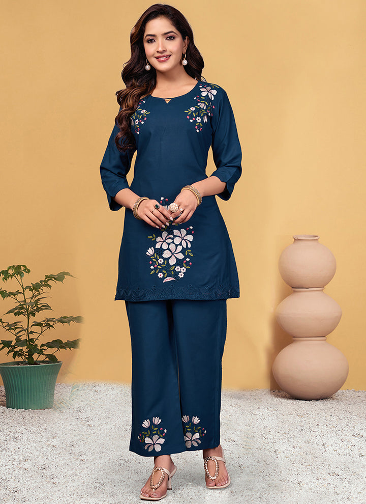 Blue Viscose Rayon Embroidered Cord Set