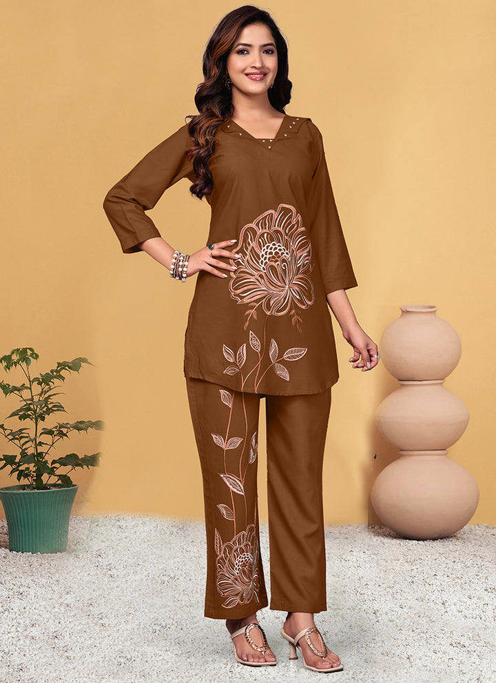 Viscose Rayon Brown V Neck Cord Set For Outwear