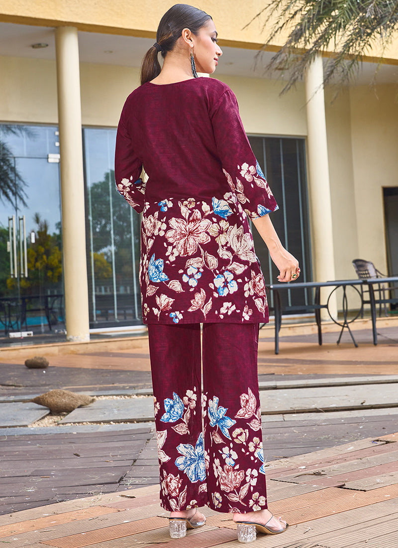 Maroon Cotton Embroidered Festive Wear Cord Set