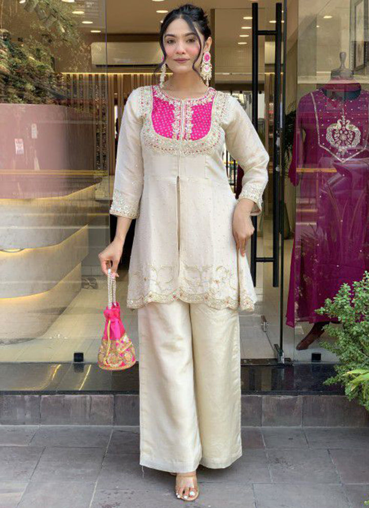 Off White And Magenta Embroidered Kurta With Palazzo Pant