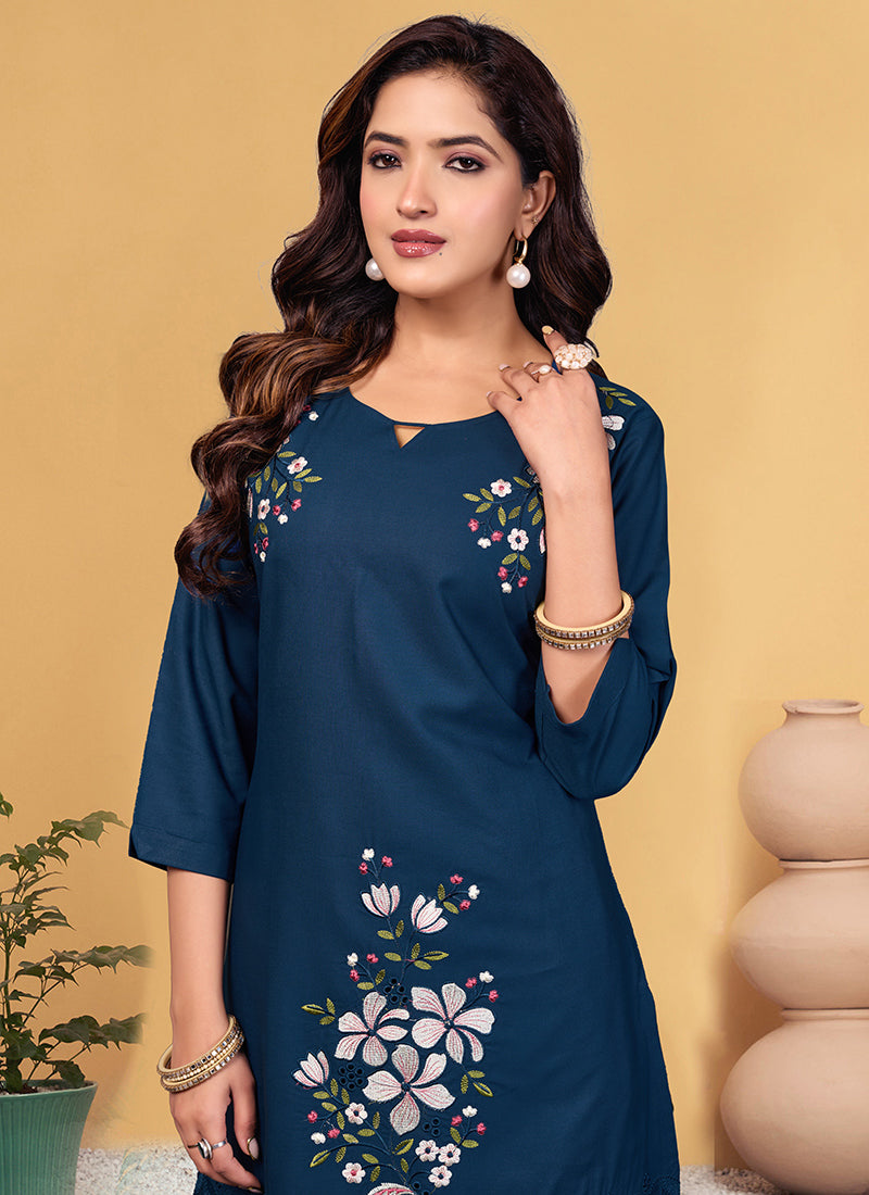 Blue Viscose Rayon Embroidered Cord Set