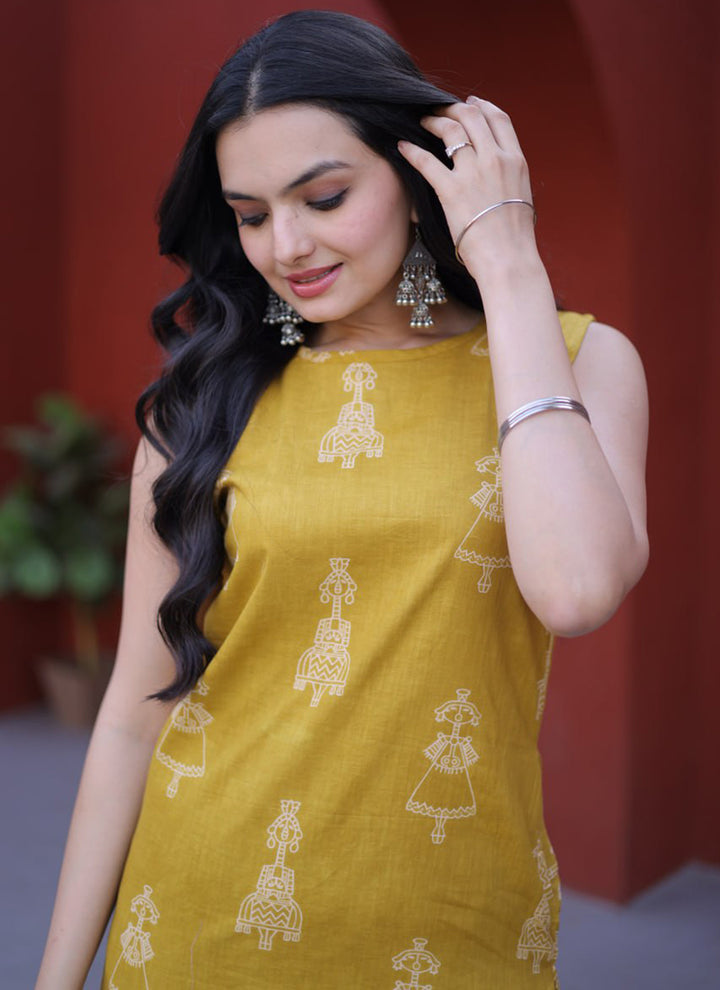 Yellow Cotton Folk Art Printed Outwear Kurti And Pant