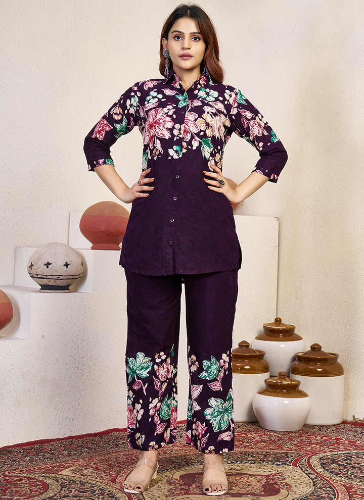 Cotton Purple Flower Printed Cord Set For Outwear