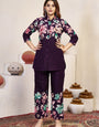 Cotton Purple Flower Printed Cord Set For Outwear