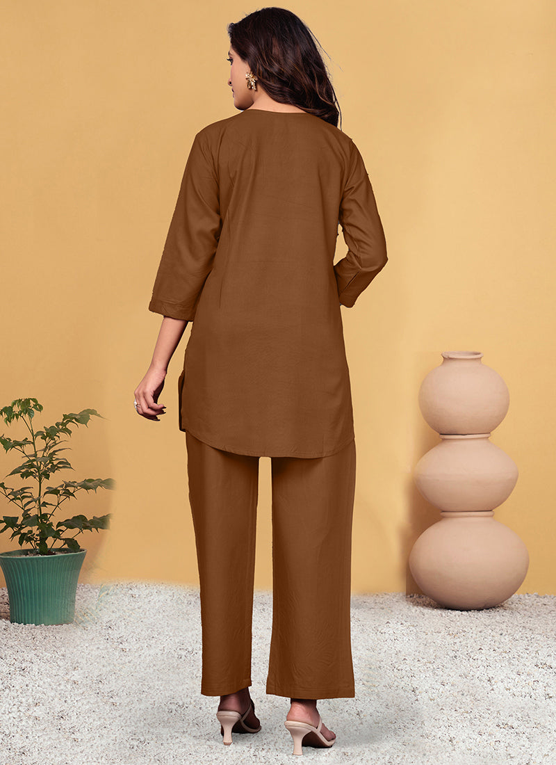 Viscose Rayon Brown V Neck Cord Set For Outwear