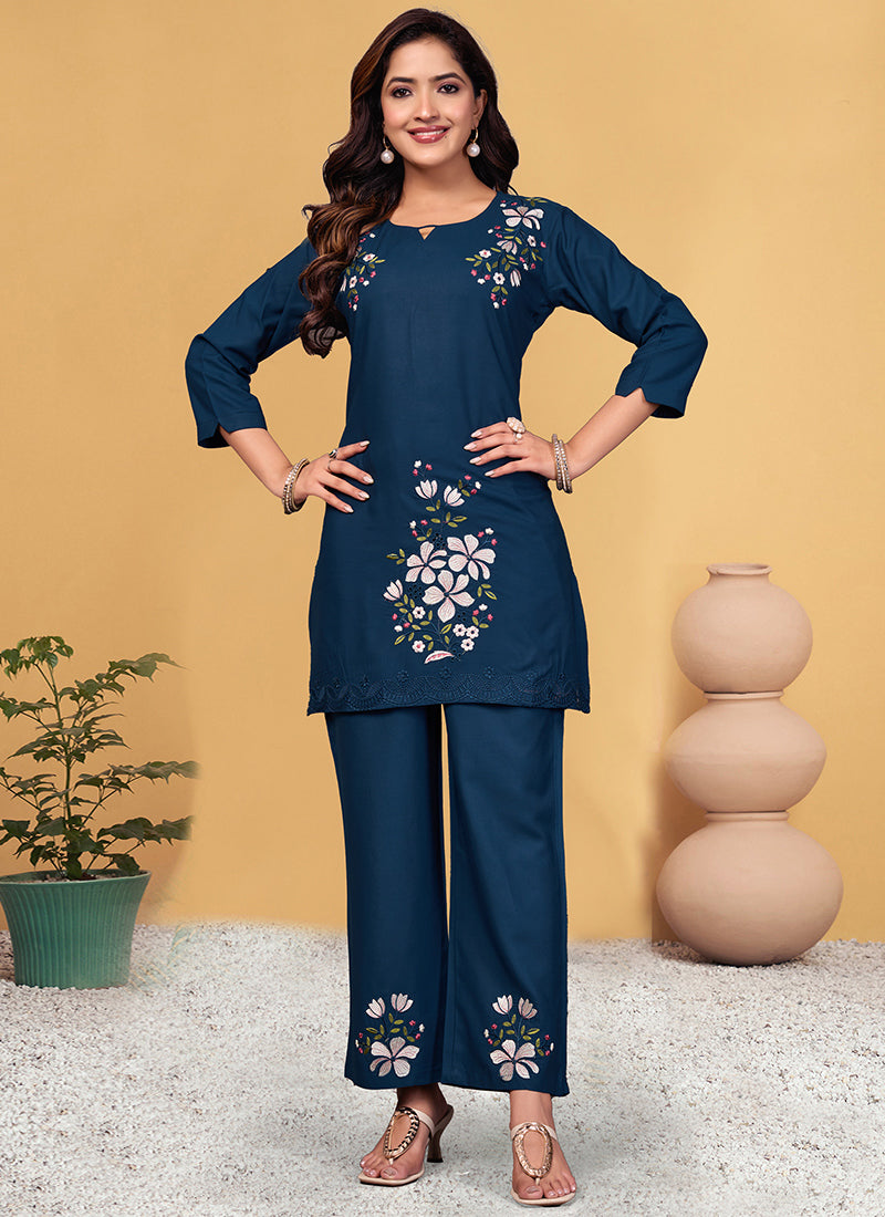 Blue Viscose Rayon Embroidered Cord Set