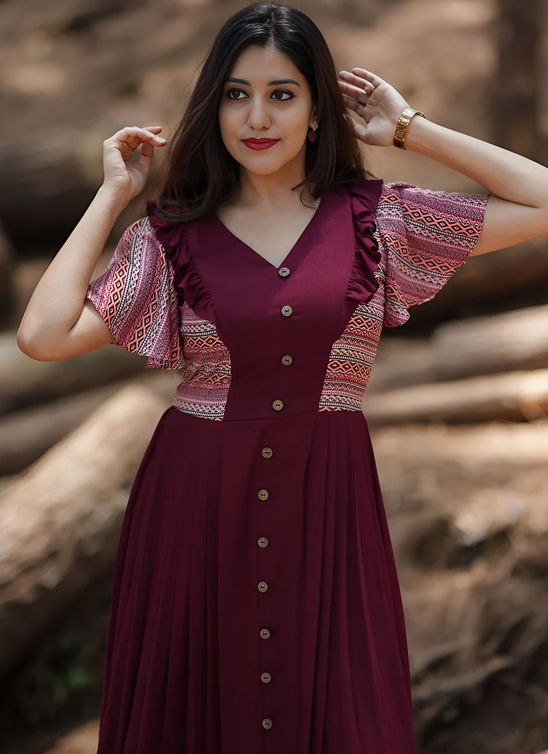 Cherubic Maroon Color Digital Printed Knife Pleat Dress