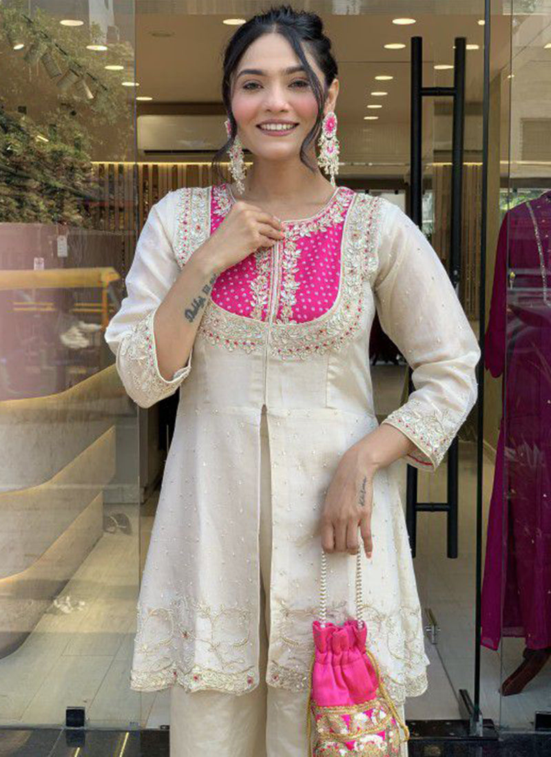 Off White And Magenta Embroidered Kurta With Palazzo Pant