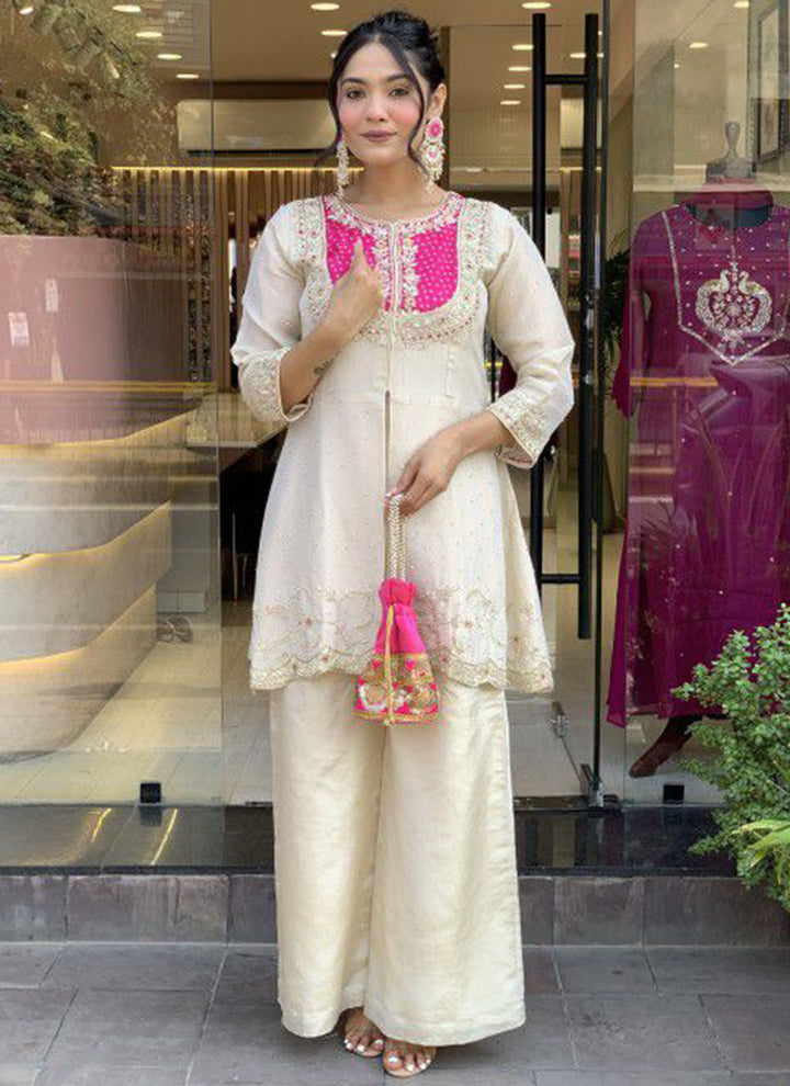 Off White And Magenta Embroidered Kurta With Palazzo Pant