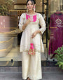 Off White And Magenta Embroidered Kurta With Palazzo Pant