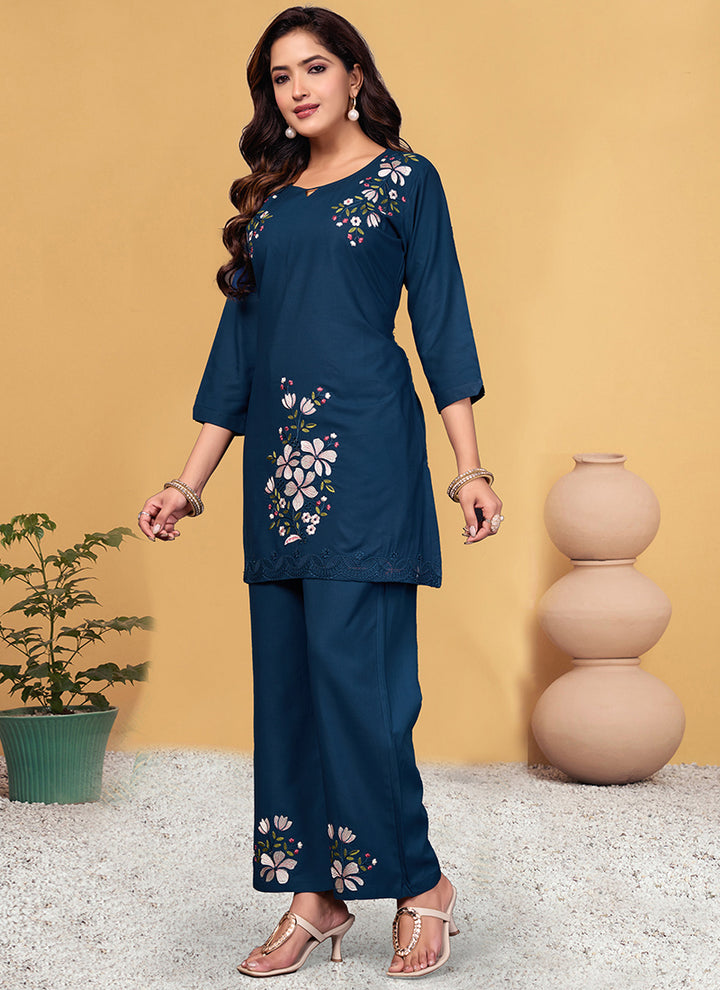 Blue Viscose Rayon Embroidered Cord Set