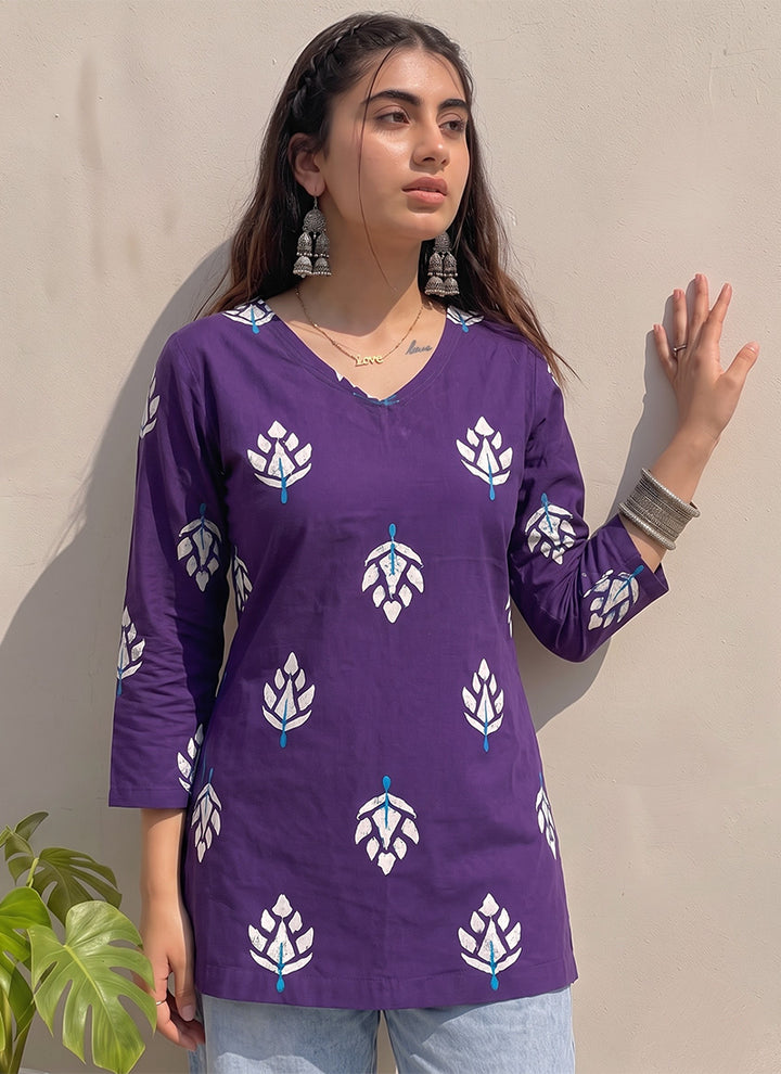 Purple Cotton Printed V Neck OutWear Kurti