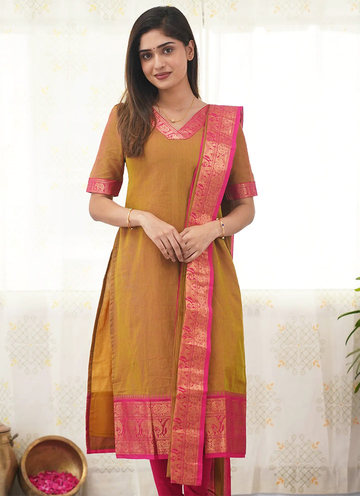 Mustard Kanchi Cotton Woven V-Neck Casual Kurta And Dupatta