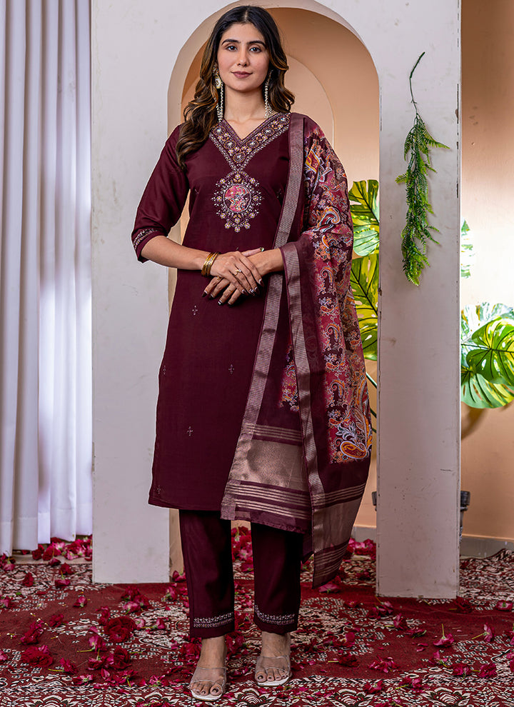 Wine Viscose Silk Embroidered V-Neck Salwar Suit