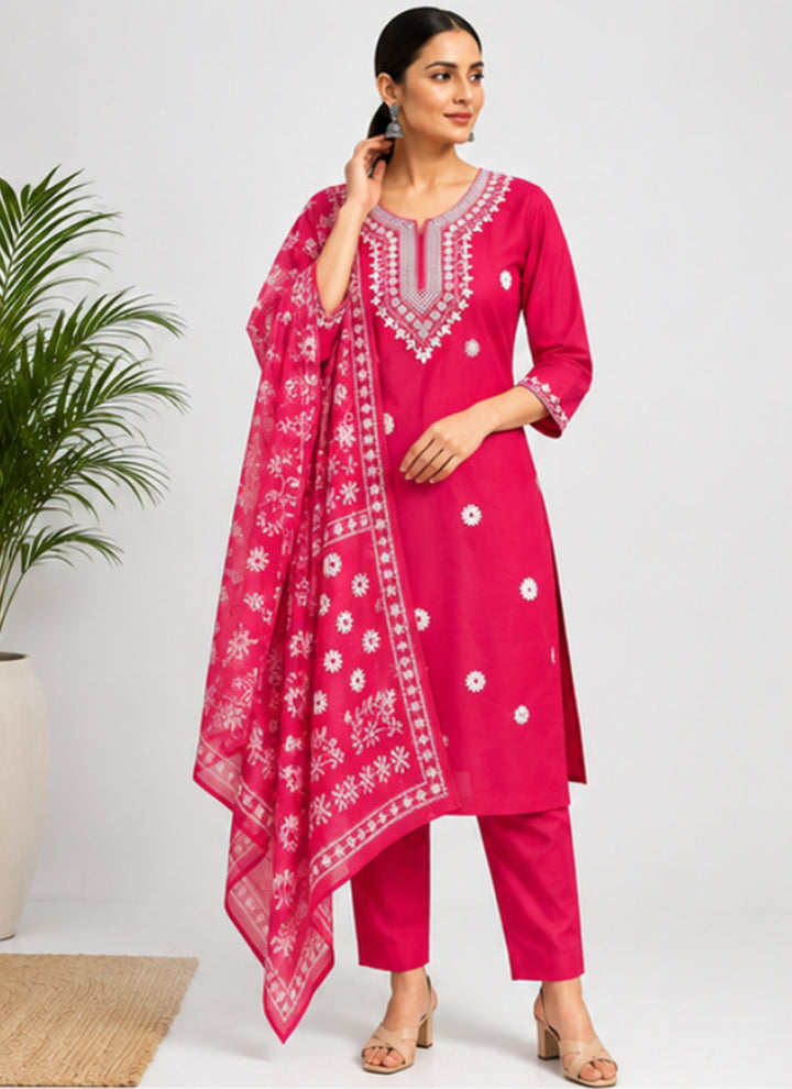 Pink Rayon Slub Embroidered Festive Kurta Set
