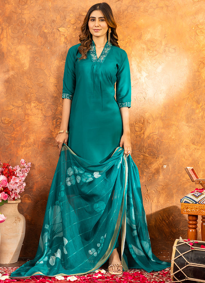 Rama Green Roman Silk Embroidered Kurta Set