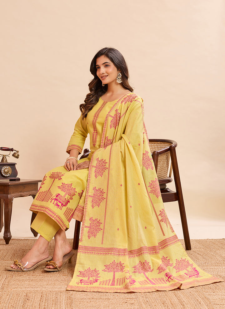 Yellow Pure Cotton Jacquard Haldi Kurta Set