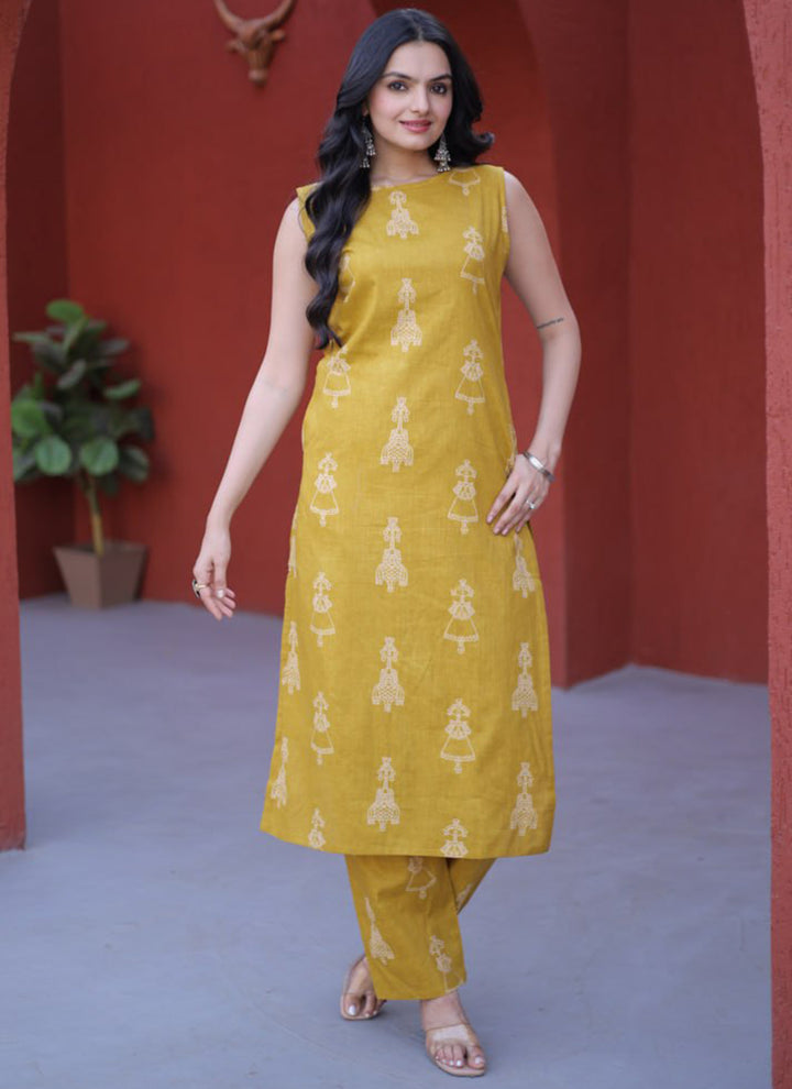 Yellow Cotton Folk Art Printed Outwear Kurti And Pant