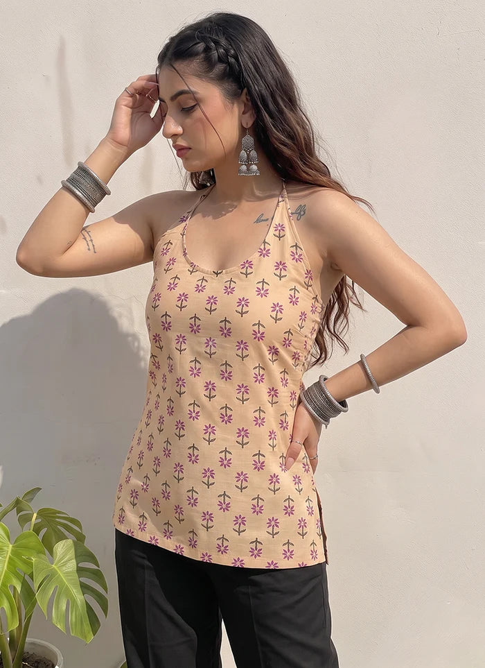 Peach Cotton Printed Sleeveless Kurti