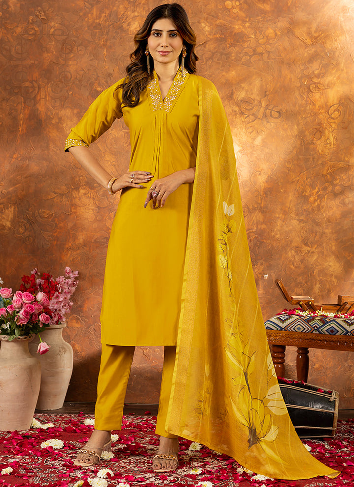 Mustard Yellow Roman Silk Embroidered Kurta Set For Haldi