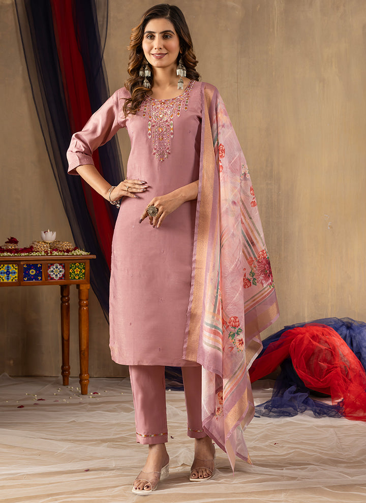 Onion Pink Shimmer Silk Embroidered Kurta Set For Ceremonial