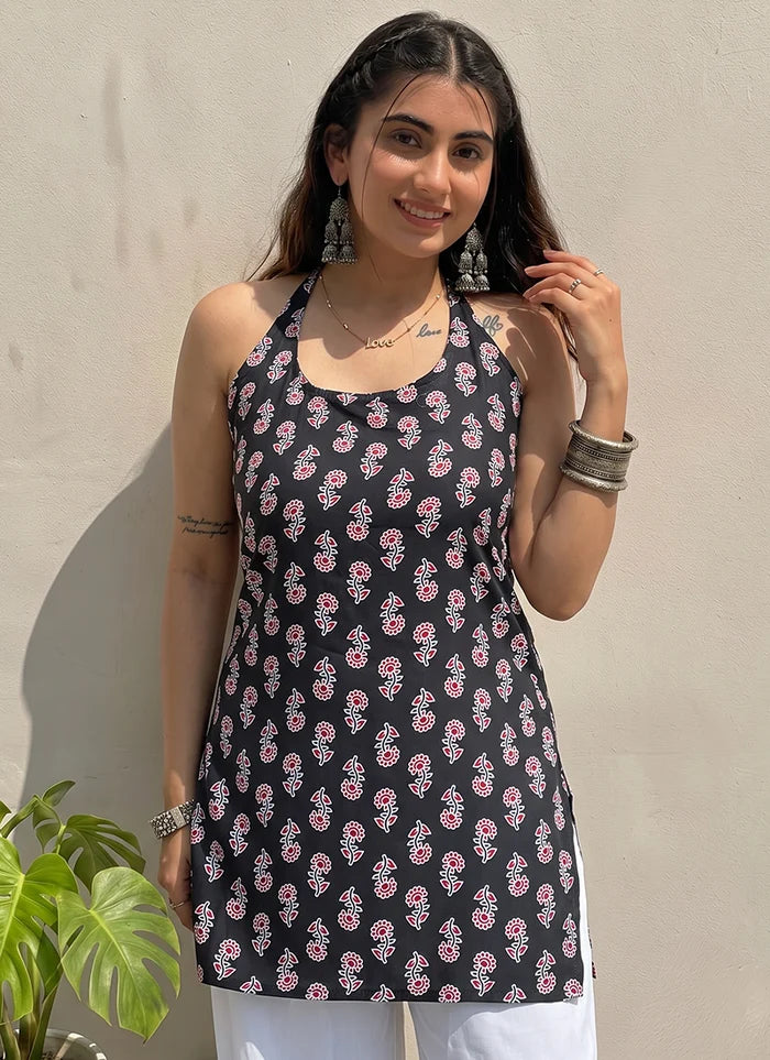 Black Cotton Printed Halter Neck Kurti