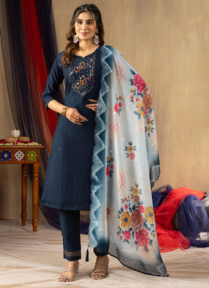 Blue Viscose Silk Thread Embroidered Kurta Set