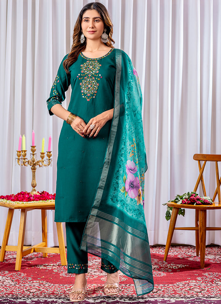 Green Viscose Silk Thread Work Festive Kurta Set