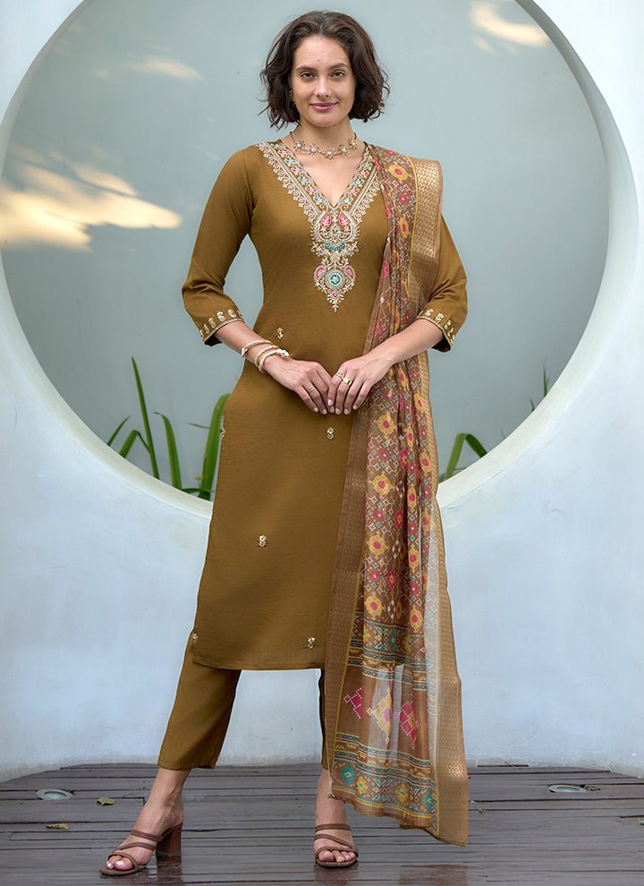 Khaki Yellow Vatican Embroidered Kurta Set With Dupatta